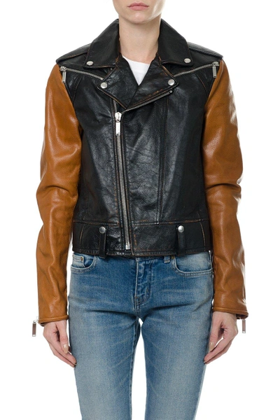 Saint Laurent Motorcycle Jacket With Sleeves In Contrasting Colour In Black/cognac