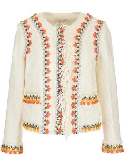 Tory Burch Eleanor Embellished Linen Jacket In White