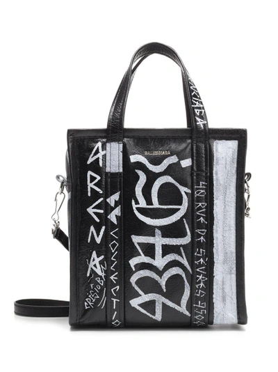 Balenciaga Xs Bazar Graffiti Leather Tote Bag In Black/white