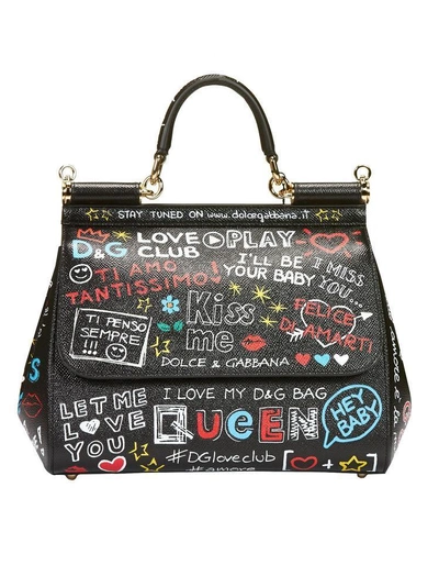 Dolce & Gabbana Medium Sicily Graffiti Print Leather Satchel - Black