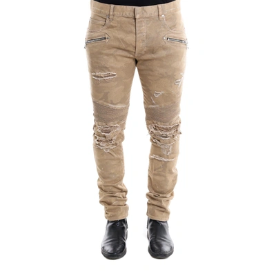 Balmain 17cm Biker Washed Cotton Denim Jeans In Beige