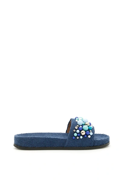 Aquazzura Bon Bon Embellished Terry-towelling Slides In Blue,light Blue,metallic