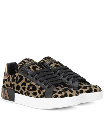 Dolce & Gabbana Logo-embellished Flocked Textured-lamé And Leather Sneakers In Brown