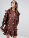 SISTER JANE SISTER JANE DRESS WITH PEPLUM HEM AND JEWEL BUTTONS IN JUNGLE JACQUARD EMBROIDERY - BROWN,DR951BRN