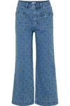 ULLA JOHNSON NIKO EMBROIDERED POLKA-DOT HIGH-RISE FLARED JEANS