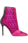 MALONE SOULIERS CHARLISE 100 PLEATED SATIN, POLKA-DOT MESH AND LEATHER ANKLE BOOTS