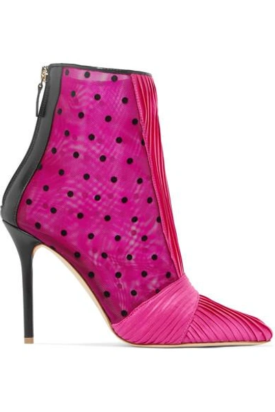 Malone Souliers Charlise 100 Pleated Satin, Polka-dot Mesh And Leather Ankle Boots In Fuchsia