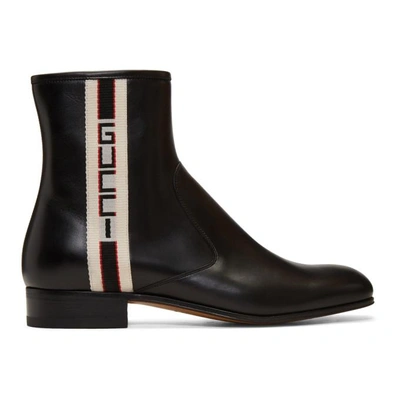 Gucci Black Tape Logo Leather Boots