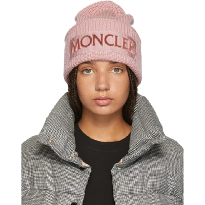 Moncler Velvet-logo Wool Beanie Hat In 515 Blush