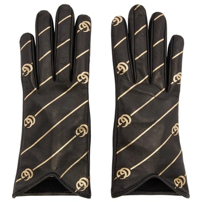 Gucci Leather Gloves With Double G Stripe Print In Black