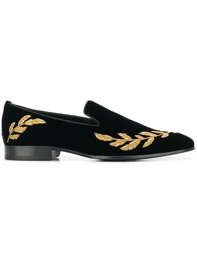 Jimmy Choo Saul Black Velvet Slipper Shoes With Gold Feather Embroidery