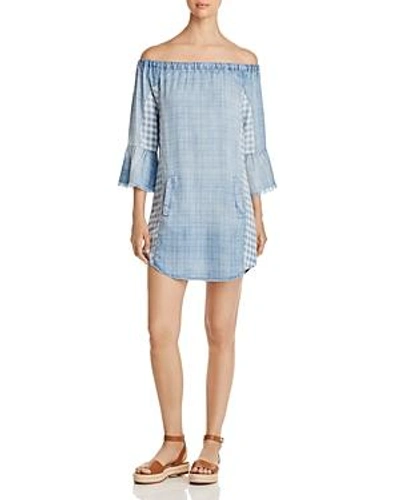 Billy T Mix Plaid Off The Shoulder Shift Dress In Blue Mix Media