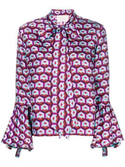 La Doublej Geometric Print Pussy Bow Blouse In Red