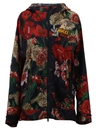 Gucci Zip-front Hooded Spring Floral-bouquet Print Nylon Jacket W/ Logo Patch In Blue/red