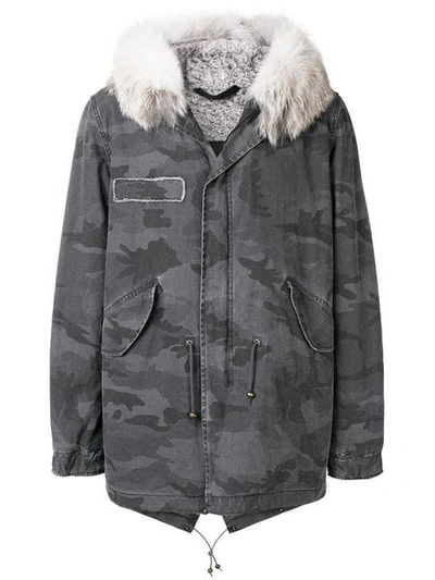 Mr & Mrs Italy Camouflage Parka Midi Cotton Camou Astrakan Velvet Fawn Light Fox Fur In Grey