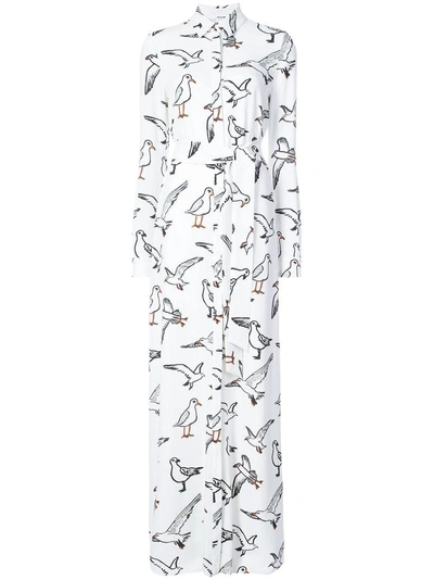 Oscar De La Renta Seagull-print Button-down Long-sleeve Tie-waist Long Dress In White