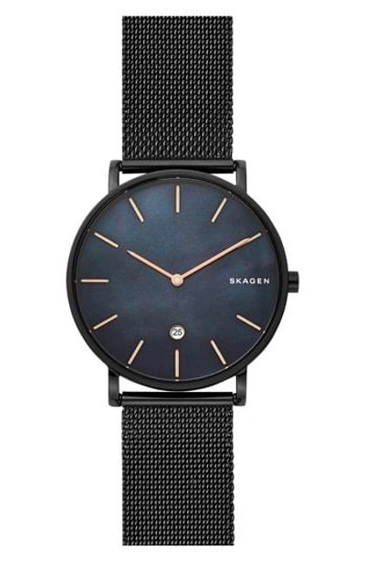 Skagen Hagen Slim Black Stainless Steel Mesh Bracelet Watch 40mm In Black/ Mop/ Black