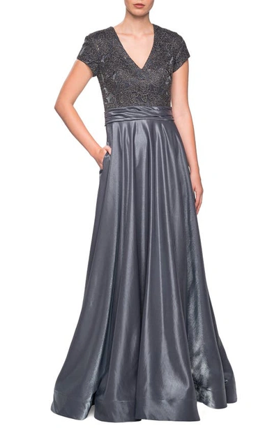 La Femme Two-tone Satin A-line Gown With Pockets In Platinum