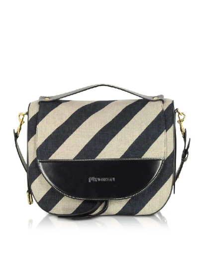 Jw Anderson J.w. Anderson Black And Off White Striped Linen Moon Shoulder Bag In Black,white