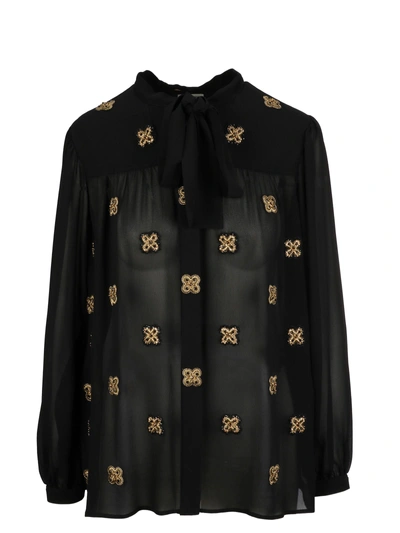 Saint Laurent Tie-neck Long-sleeve Embroidered Silk Blouse In 1000