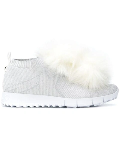 Jimmy Choo Norway Metallic Sneakers With Fur Trim In White/white