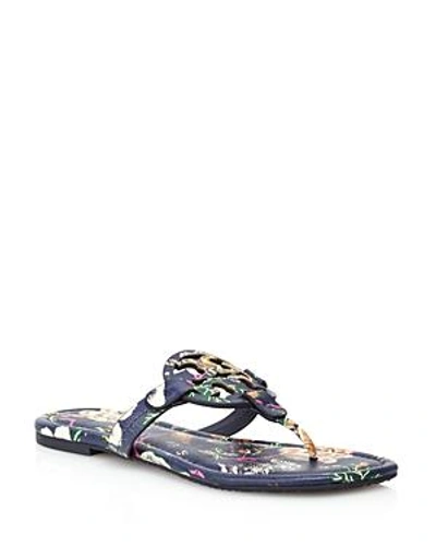 Tory Burch Miller Medallion Floral-print Leather Flat Thong Sandals In Navy Happy Times