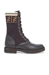 FENDI FENDI LEATHER & KNIT ROCKOKO HIKING BOOTS IN BLACK