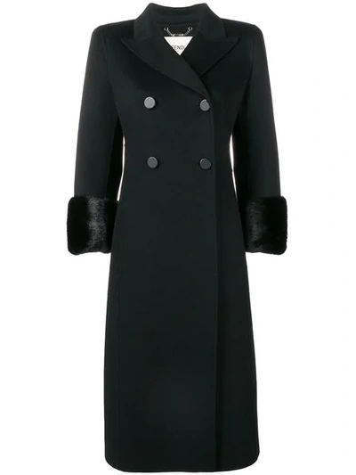 Fendi Cashmere Mink-fur Cuff Double-breasted Coat In Black