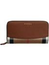 BURBERRY BURBERRY HOUSE CHECK AND LEATHER ZIPAROUND WALLET - BROWN