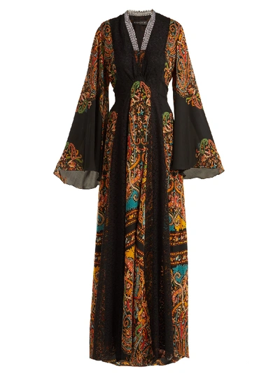 Etro V-neck Flared-sleeve Damask-print Silk Long Gown W/ Lace Insets In Black