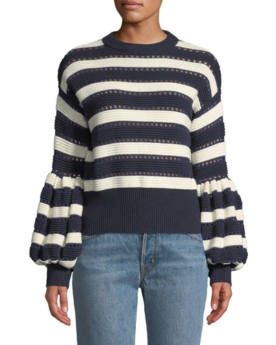 Self-portrait Striped Open-knit Cotton And Wool-blend Sweater In Navy