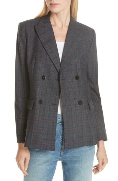 Sandro Oscar Double Breasted Plaid Jacket In Blue