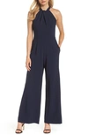 Julia Jordan Knot Front Pinstripe Halter Jumpsuit In Navy/ivory