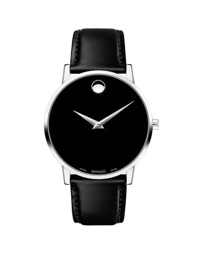 Movado Men's 40mm Ultra Slim Watch With Leather Strap Black Museum Dial
