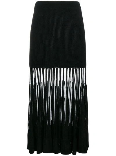 Alexander Mcqueen Mesh-paneled Ribbed Stretch-knit Midi Skirt In Black