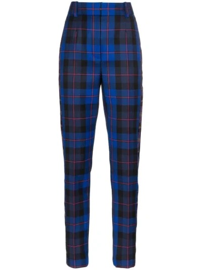 Versace High-waisted Skinny Plaid Trousers In Blue