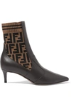 FENDI ROCKOKO LOGO-JACQUARD STRETCH-KNIT AND LEATHER ANKLE BOOTS