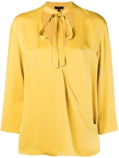 Theory Tie-neck Long-sleeve Wrap Top In Pollen