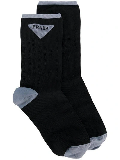 Prada Logo Stitched Socks In F094l Nero + Ematite