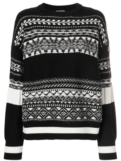 Moncler Fair Isle Knit Tricot Pullover Jumper In Black