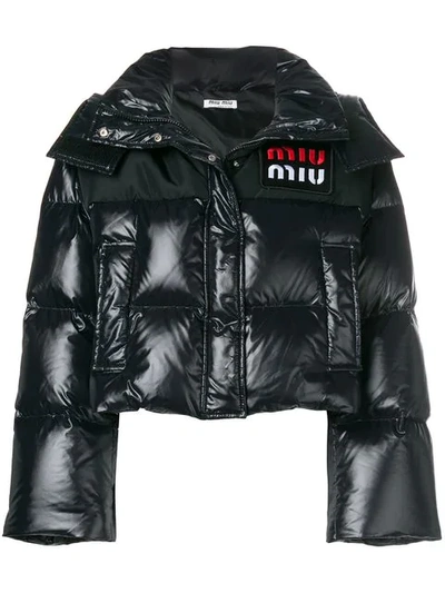 Miu Miu Hooded Nylon Cropped Down Jacket In Black
