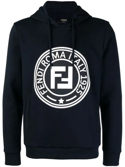 Fendi Printed Ff Logo Hoodie In Blu Notte|blu