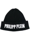 PHILIPP PLEIN PHILIPP PLEIN LOGO PATCH BEANIE HAT - BLACK