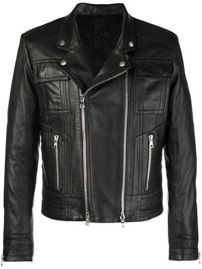 Balmain Leather Graphic Biker Jacket In Black