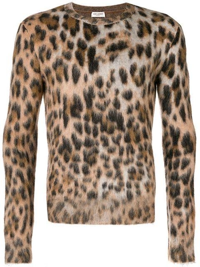 Saint Laurent Textured Leopard Print Sweater In Beige