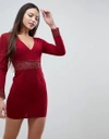 AX PARIS LONG SLEEVE V NECK DRESS WITH LACE DETAIL-RED,AXB0106