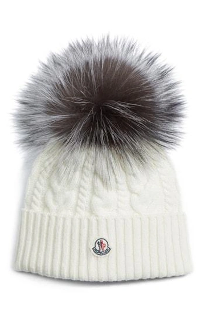 Moncler Cable Knit Beanie With Genuine Fox Fur Pom In Grey