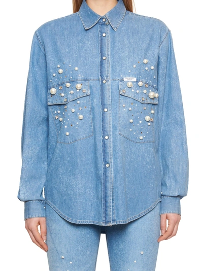 Forte Couture Denim Shirt With Pearls In Blue