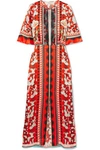 TEMPERLEY LONDON ODYSSEY LACE-TRIMMED PRINTED HAMMERED-SILK MIDI DRESS