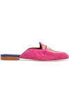 MALONE SOULIERS MALONE SOULIERS WOMAN NEVA EMBROIDERED SATIN-PANELED SUEDE SLIPPERS FUCHSIA,3074457345619110727